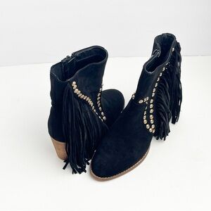 BEAST FASHION Black Fringe Trim Studded Side Zip Closure Almond Toe Booties 6